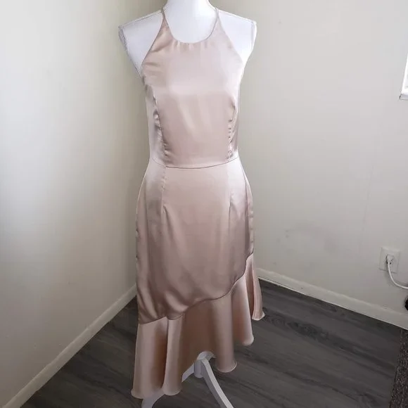 Lavish Alice | Dresses | Lavish Alice Asymmetric Backless Bodycon Midi Dress  Champagne Satin Size 8 | Poshmark
